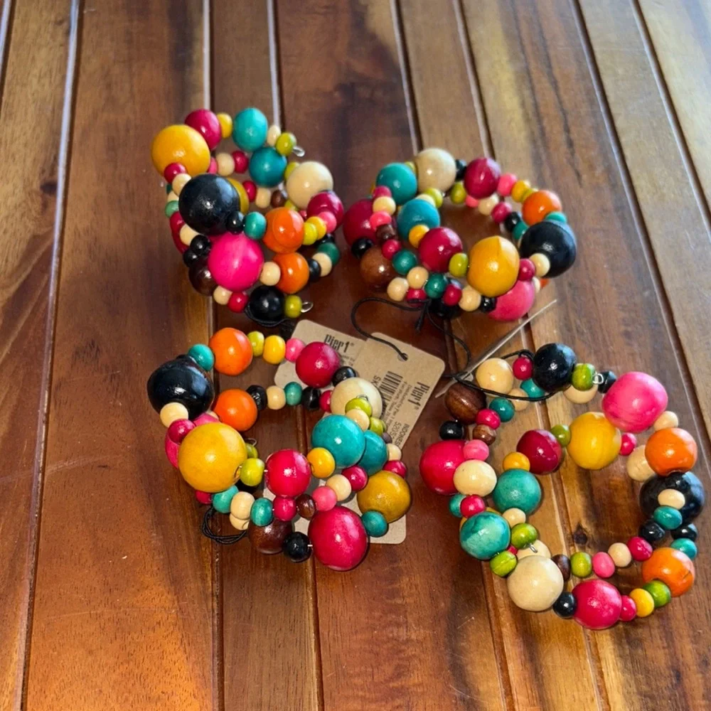 Pier 1 Multicolor Beaded Napkin Rings Jeweltone NWT Set of 4